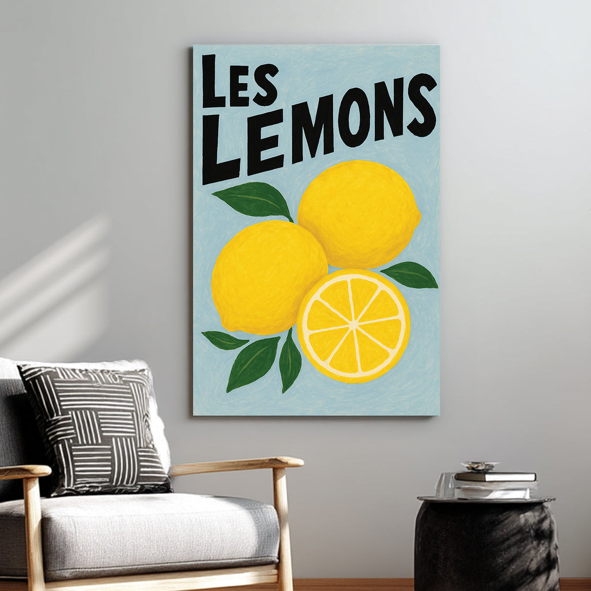 lemon-themed wall art with hand-drawn fruit and playful French text