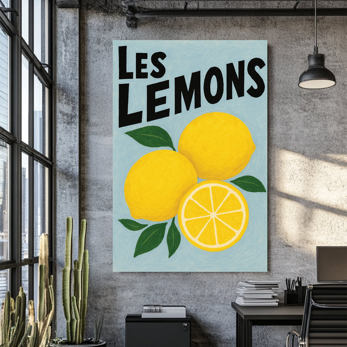 lemon-themed wall art with hand-drawn fruit and playful French text