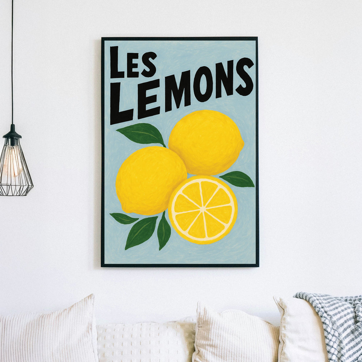 lemon-themed wall art with hand-drawn fruit and playful French text