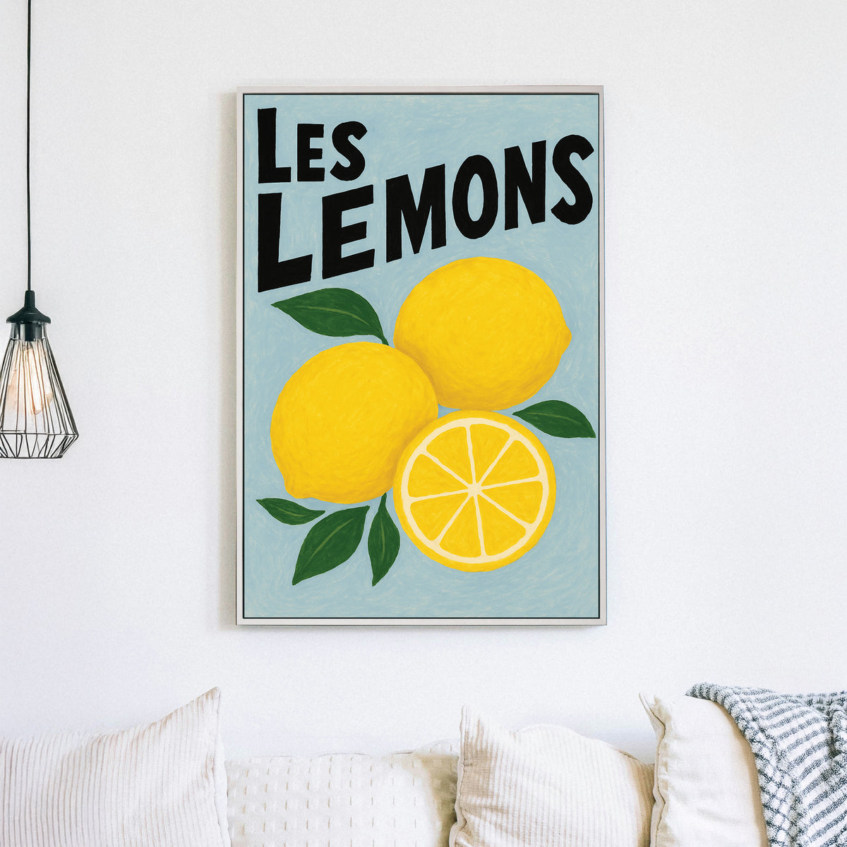 lemon-themed wall art with hand-drawn fruit and playful French text
