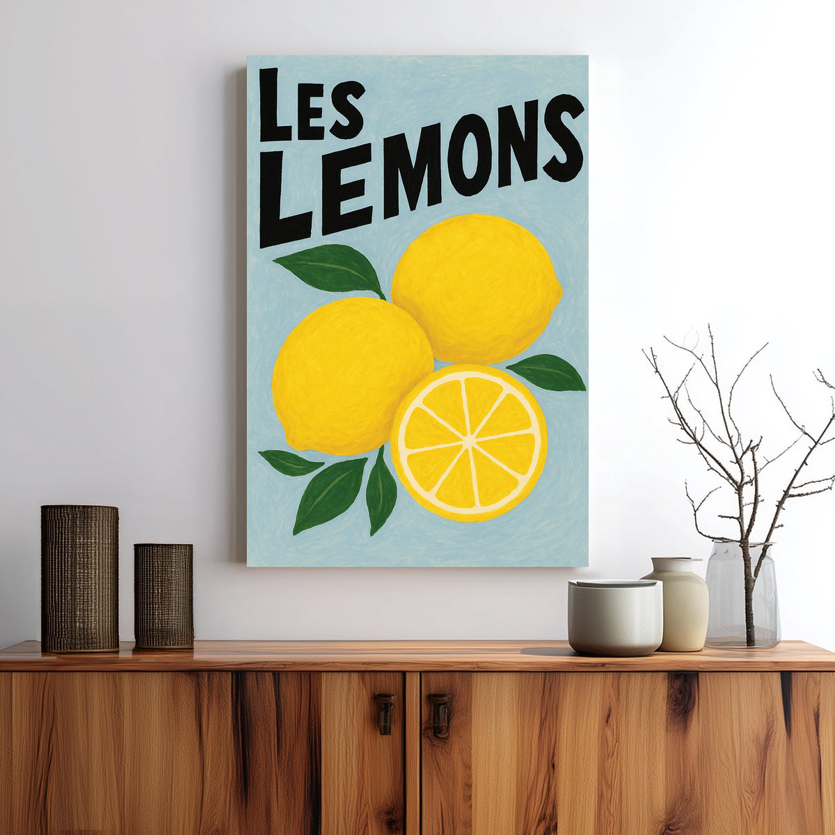 lemon-themed wall art with hand-drawn fruit and playful French text