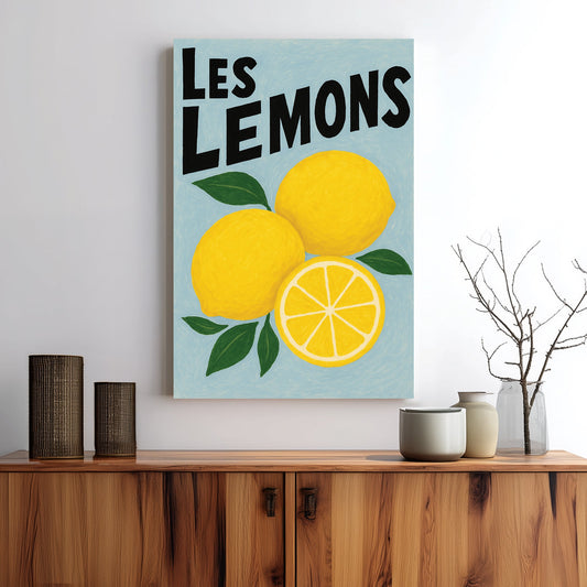 lemon-themed wall art with hand-drawn fruit and playful French text