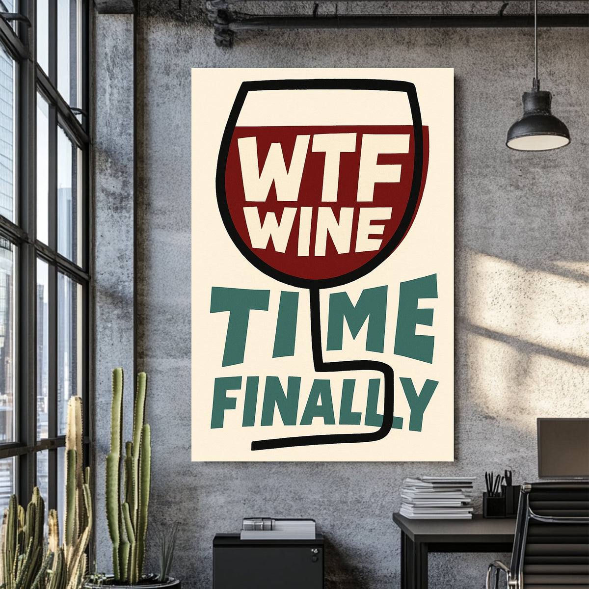funny wine wall art with bold WTF Wine Time Finally text inside a glass