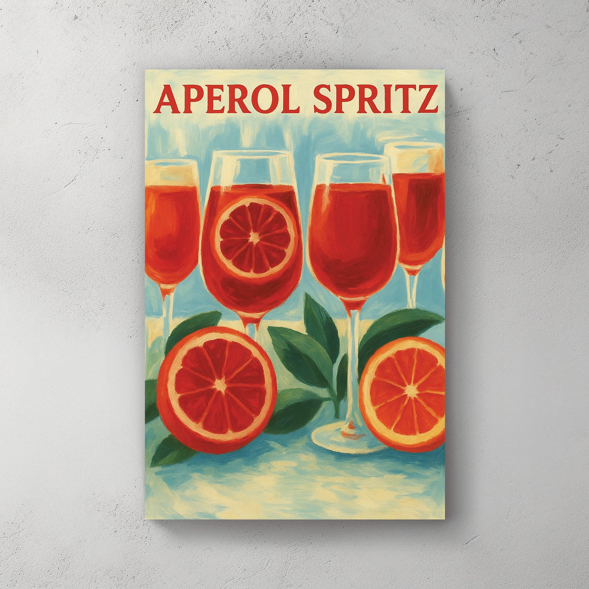 Aperol Spritz cocktail wall art with citrus fruit and glasses