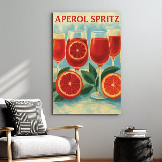 Aperol Spritz cocktail wall art with citrus fruit and glasses