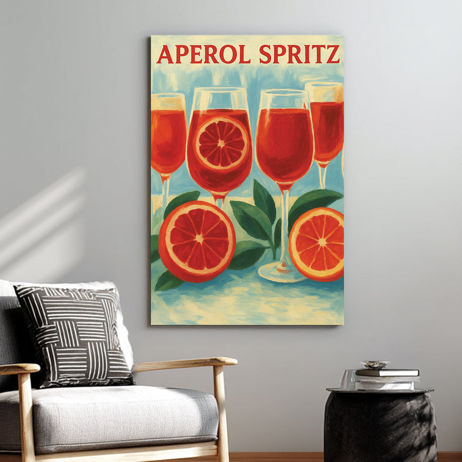 Aperol Spritz cocktail wall art with citrus fruit and glasses