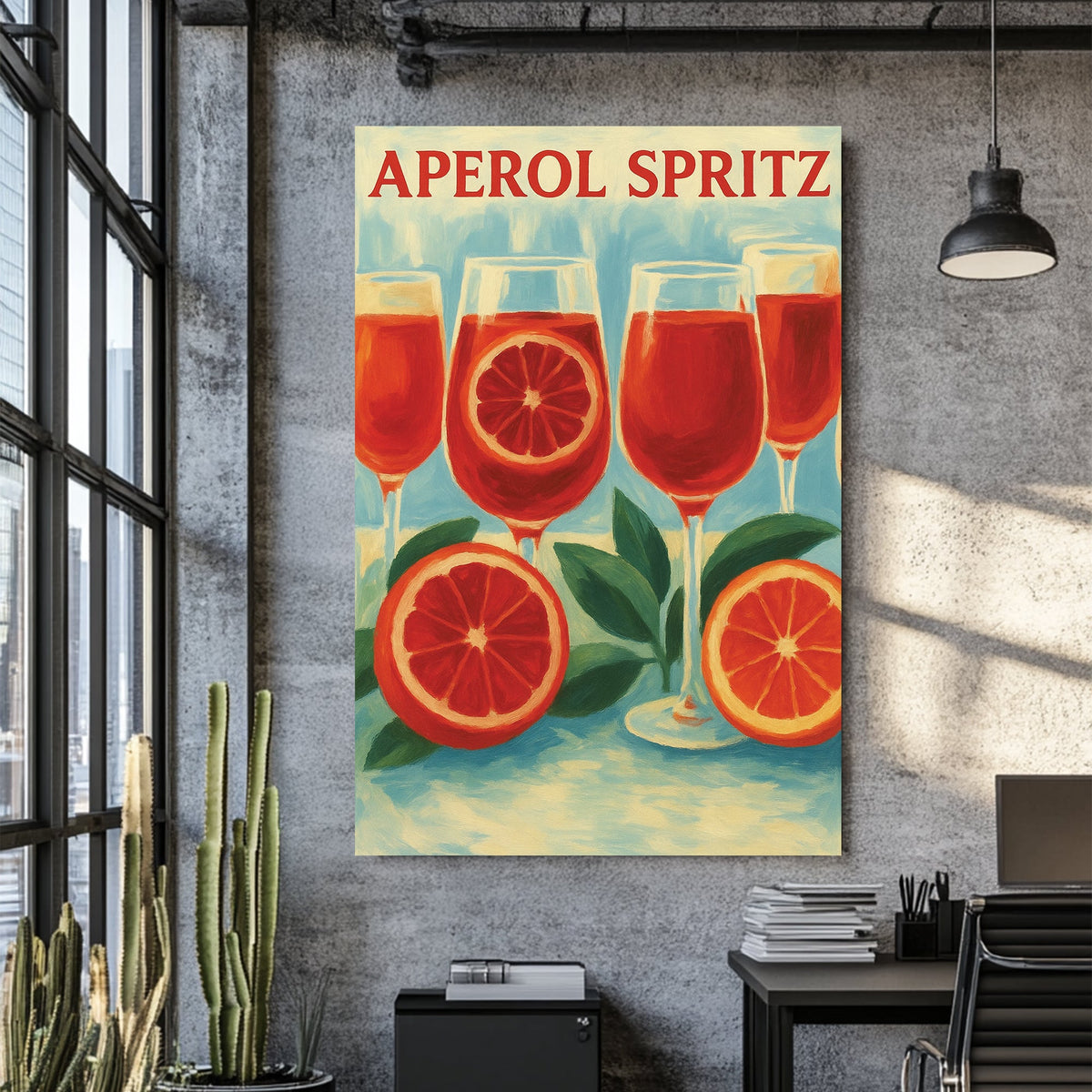 Aperol Spritz cocktail wall art with citrus fruit and glasses