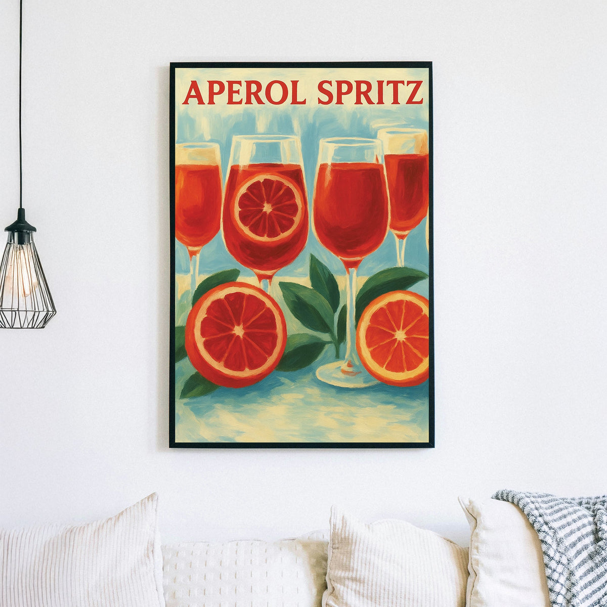 Aperol Spritz cocktail wall art with citrus fruit and glasses