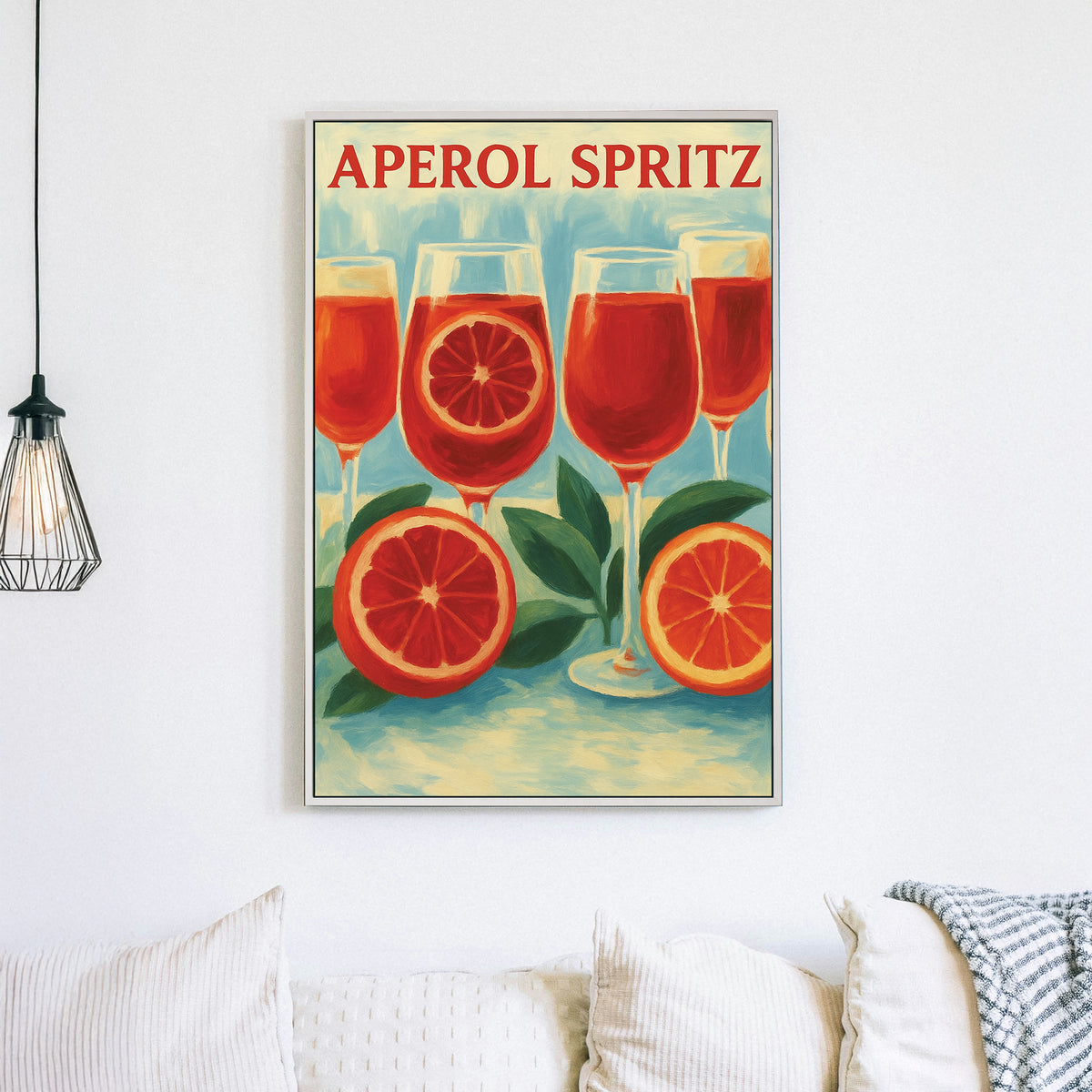 Aperol Spritz cocktail wall art with citrus fruit and glasses