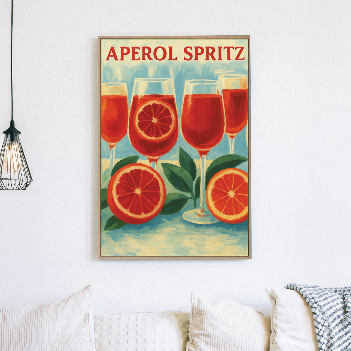 Aperol Spritz cocktail wall art with citrus fruit and glasses