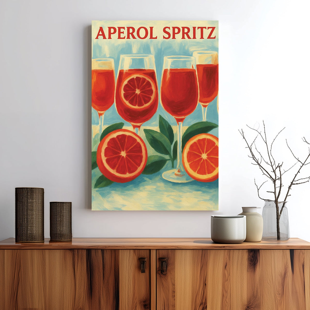 Aperol Spritz cocktail wall art with citrus fruit and glasses