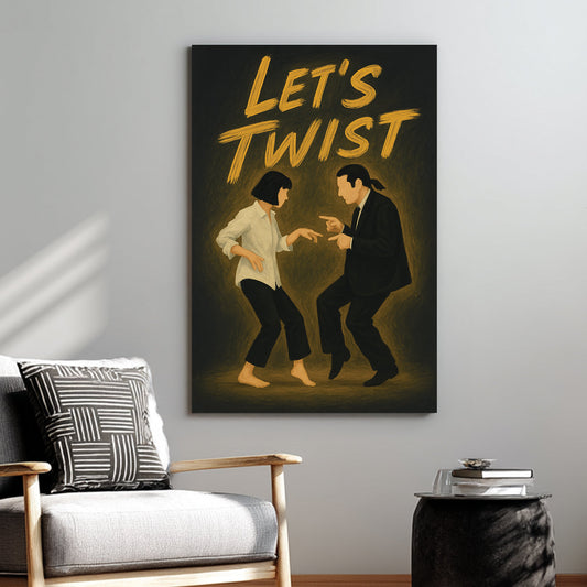 retro dancing wall art with twist scene and gold brush lettering