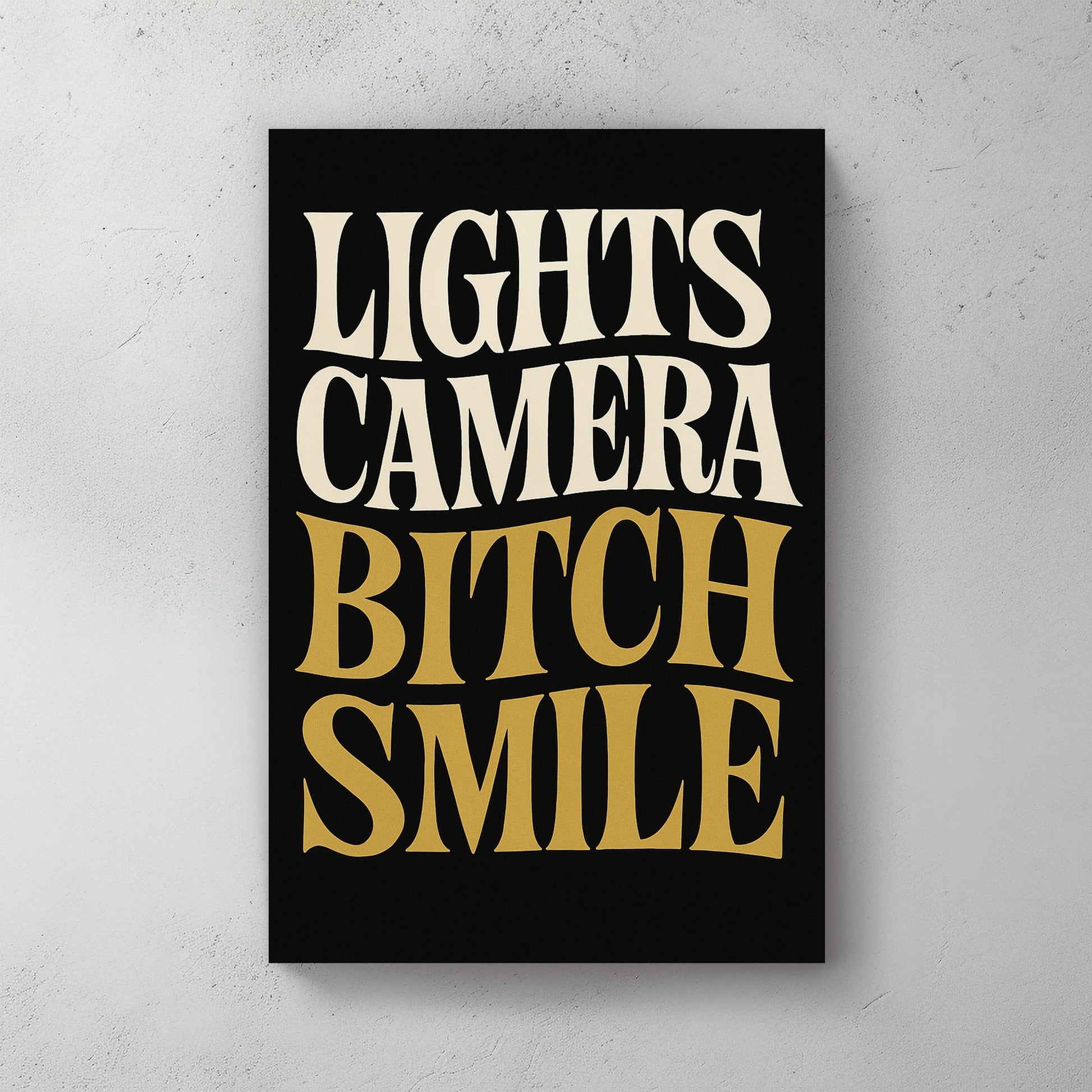 retro bold text wall art with Lights Camera Smile in cream and gold