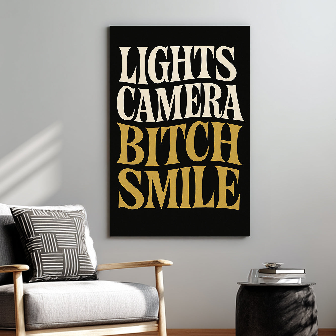 retro bold text wall art with Lights Camera Smile in cream and gold