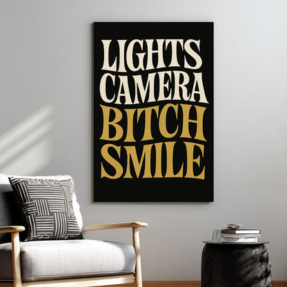 retro bold text wall art with Lights Camera Smile in cream and gold
