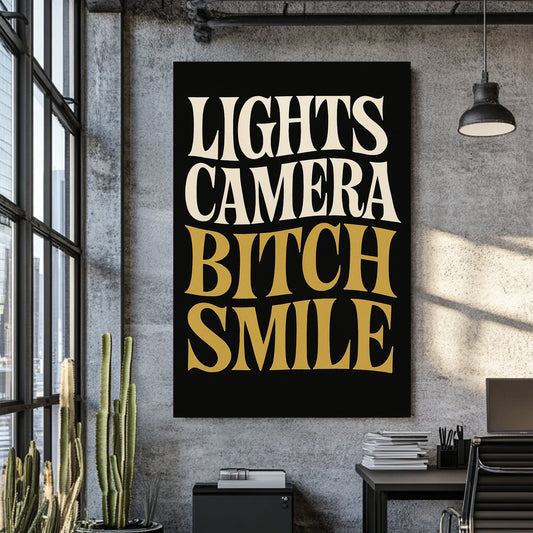 retro bold text wall art with Lights Camera Smile in cream and gold