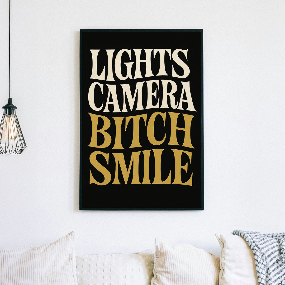 retro bold text wall art with Lights Camera Smile in cream and gold
