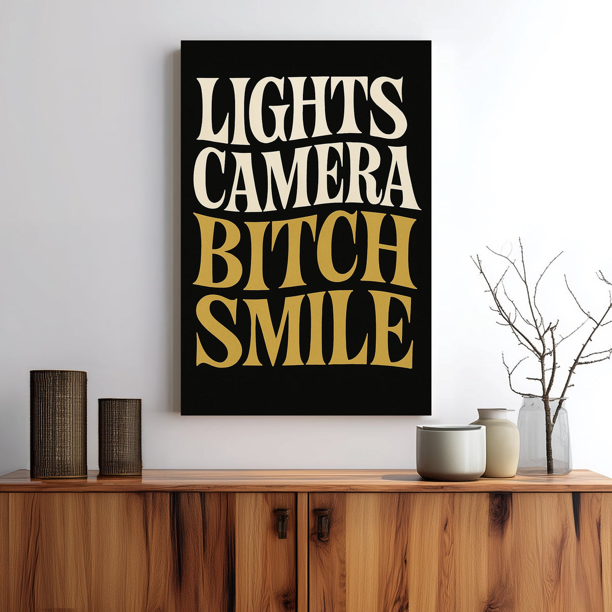 retro bold text wall art with Lights Camera Smile in cream and gold