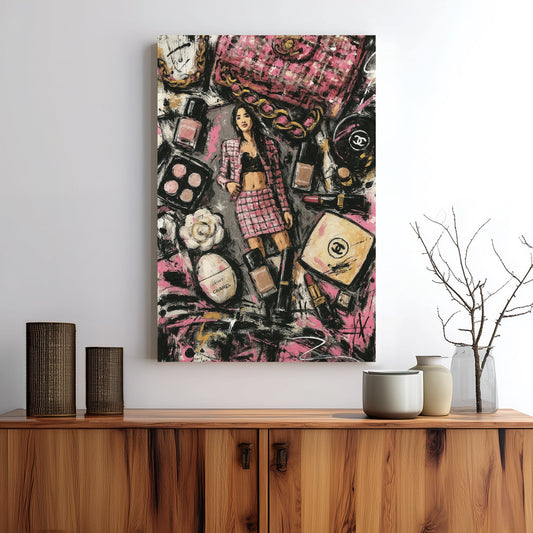 bold pink fashion-inspired wall art with makeup, perfume, and Chanel references