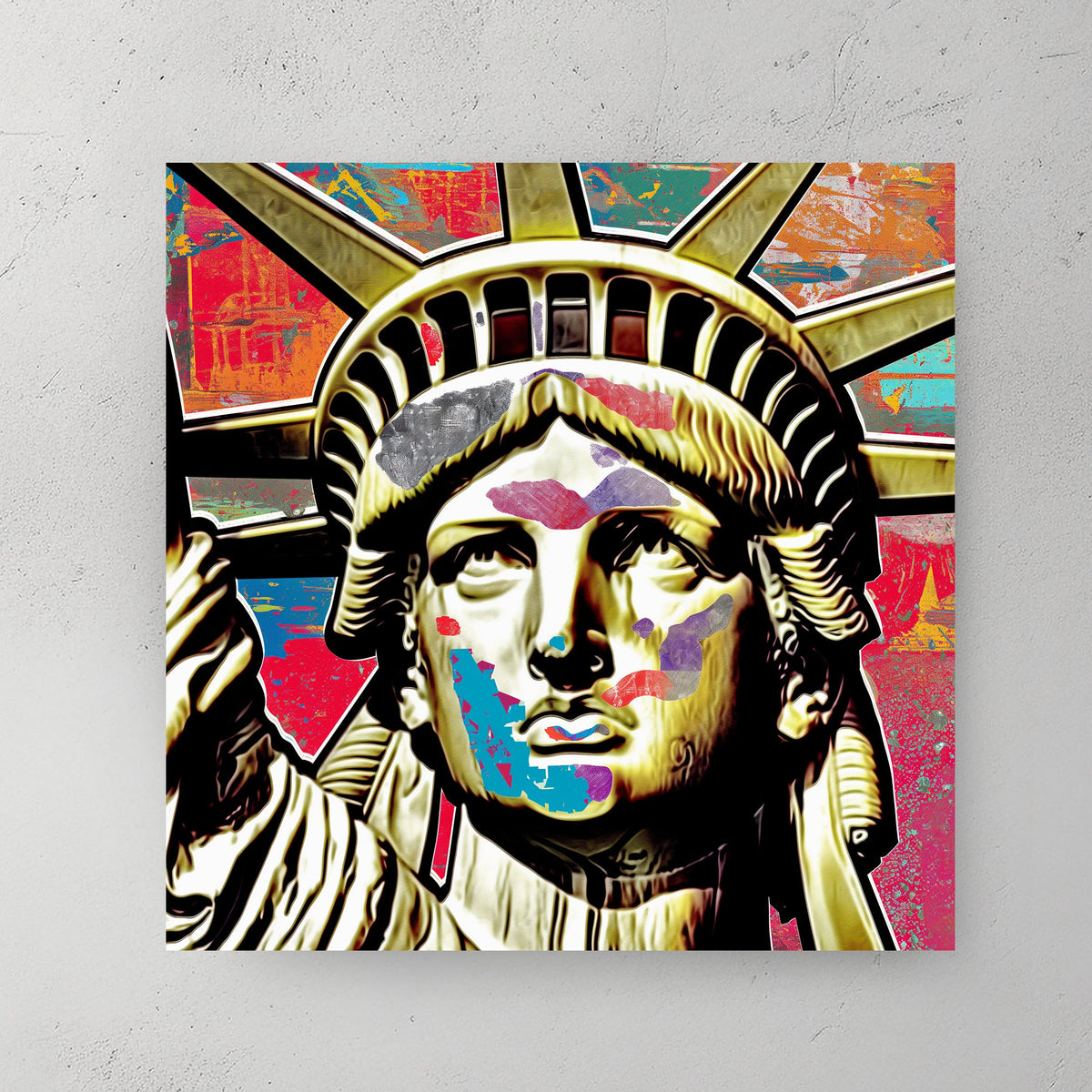 graffiti-style pop art wall art of the Statue of Liberty with colourful abstract overlays