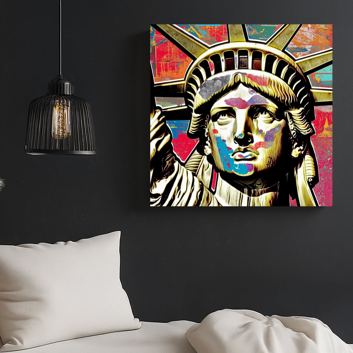 graffiti-style pop art wall art of the Statue of Liberty with colourful abstract overlays