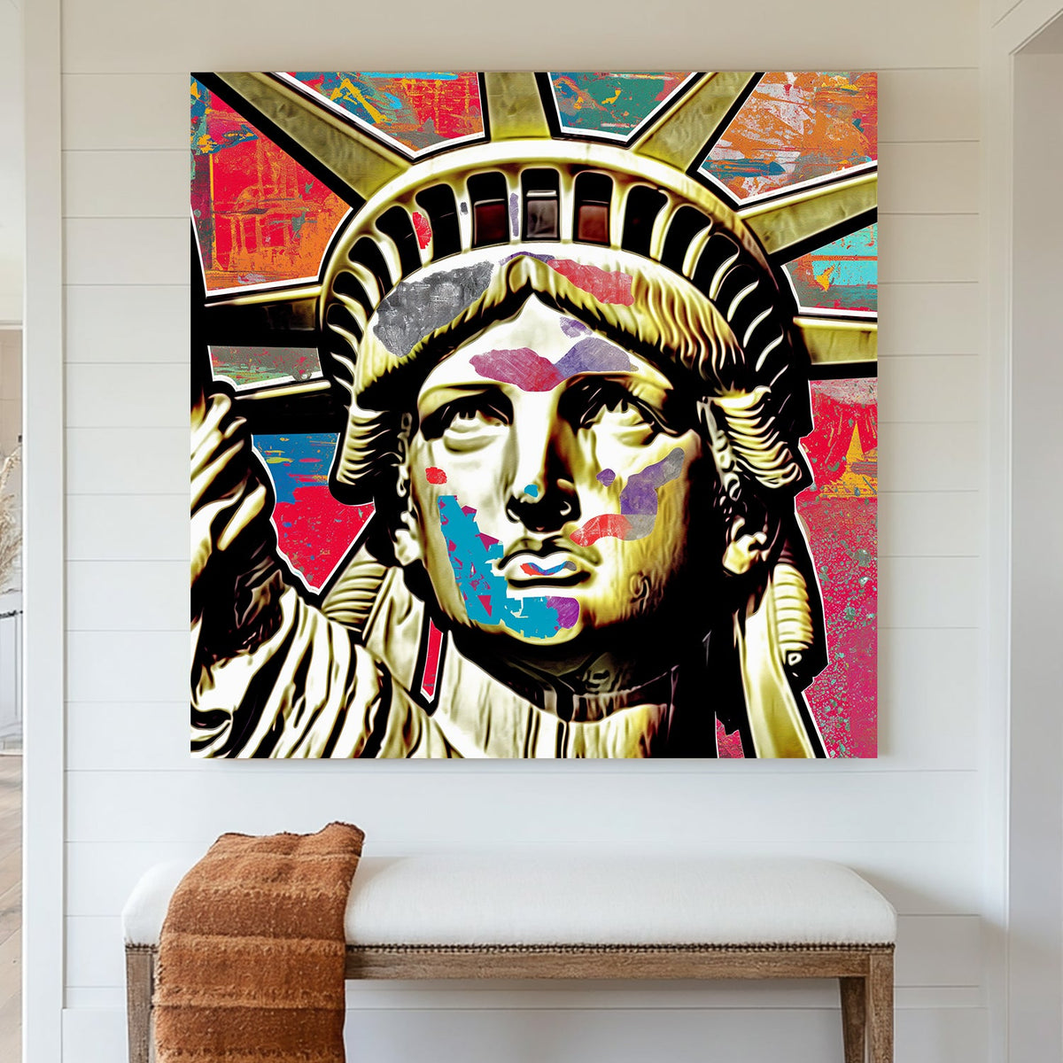 graffiti-style pop art wall art of the Statue of Liberty with colourful abstract overlays