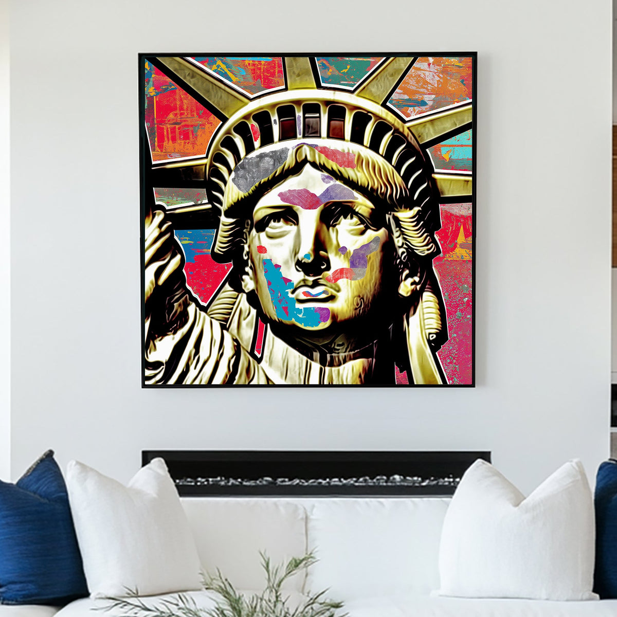 graffiti-style pop art wall art of the Statue of Liberty with colourful abstract overlays