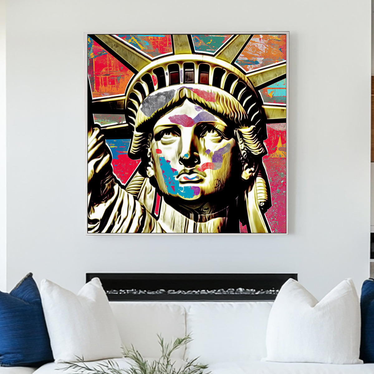 graffiti-style pop art wall art of the Statue of Liberty with colourful abstract overlays