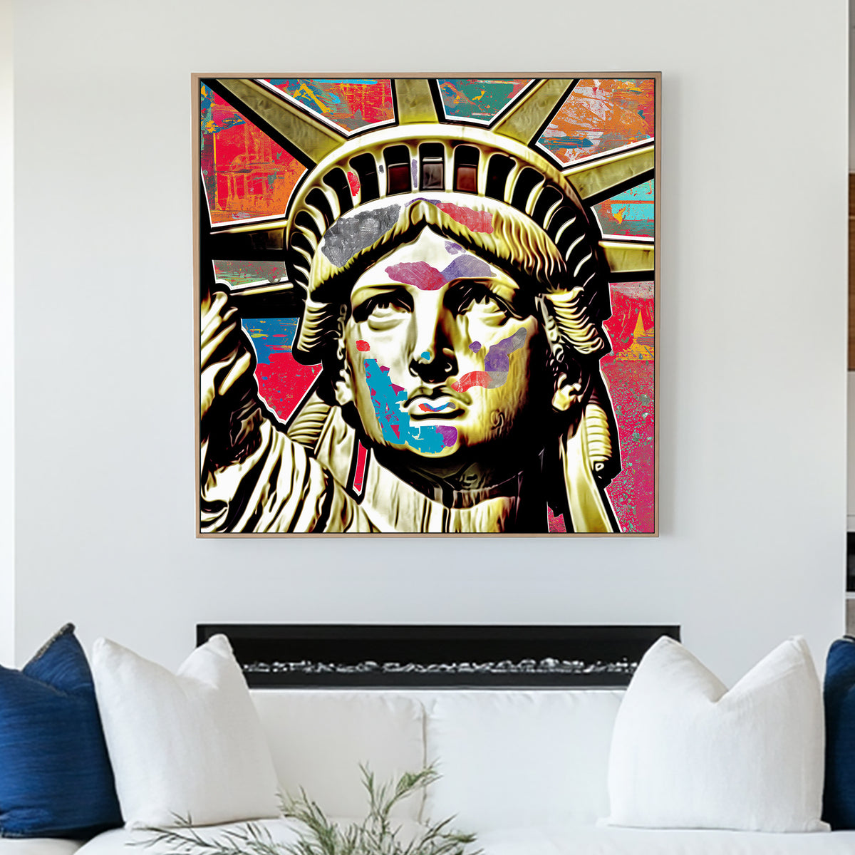 graffiti-style pop art wall art of the Statue of Liberty with colourful abstract overlays