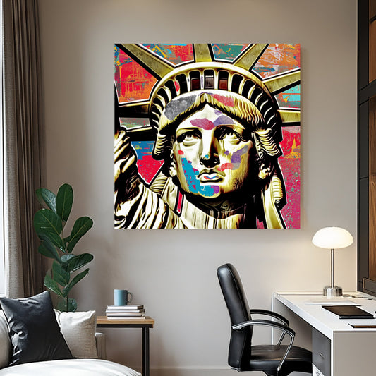 graffiti-style pop art wall art of the Statue of Liberty with colourful abstract overlays