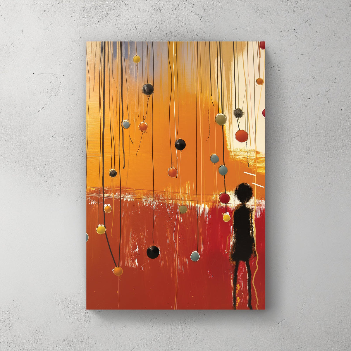 emotional abstract wall art with silhouette figure and colourful spheres on hanging wires
