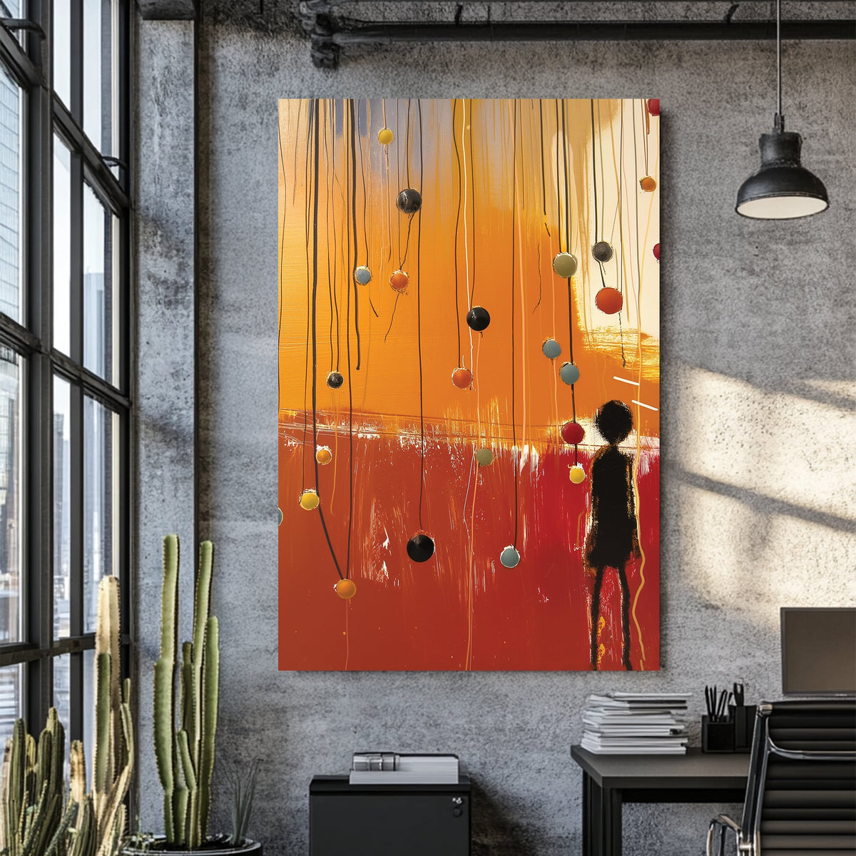 emotional abstract wall art with silhouette figure and colourful spheres on hanging wires
