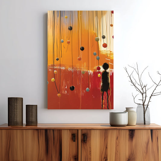 emotional abstract wall art with silhouette figure and colourful spheres on hanging wires