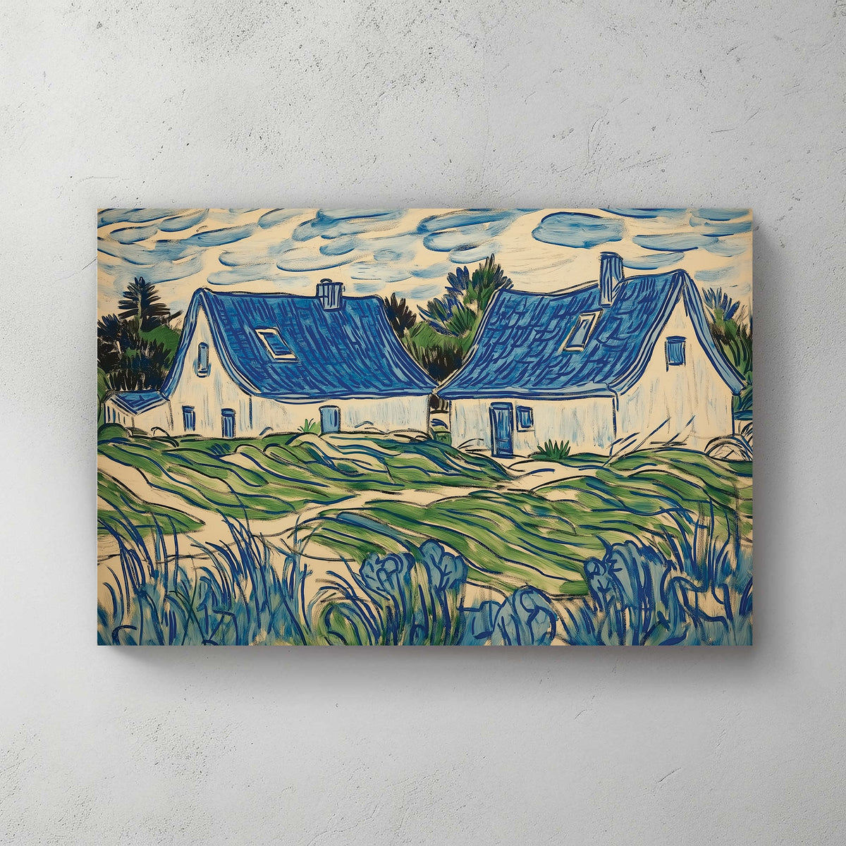 blue cottage landscape wall art with swirling brushstrokes and green fields