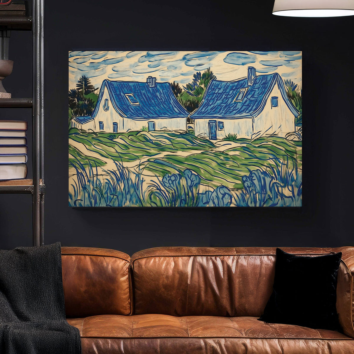 blue cottage landscape wall art with swirling brushstrokes and green fields