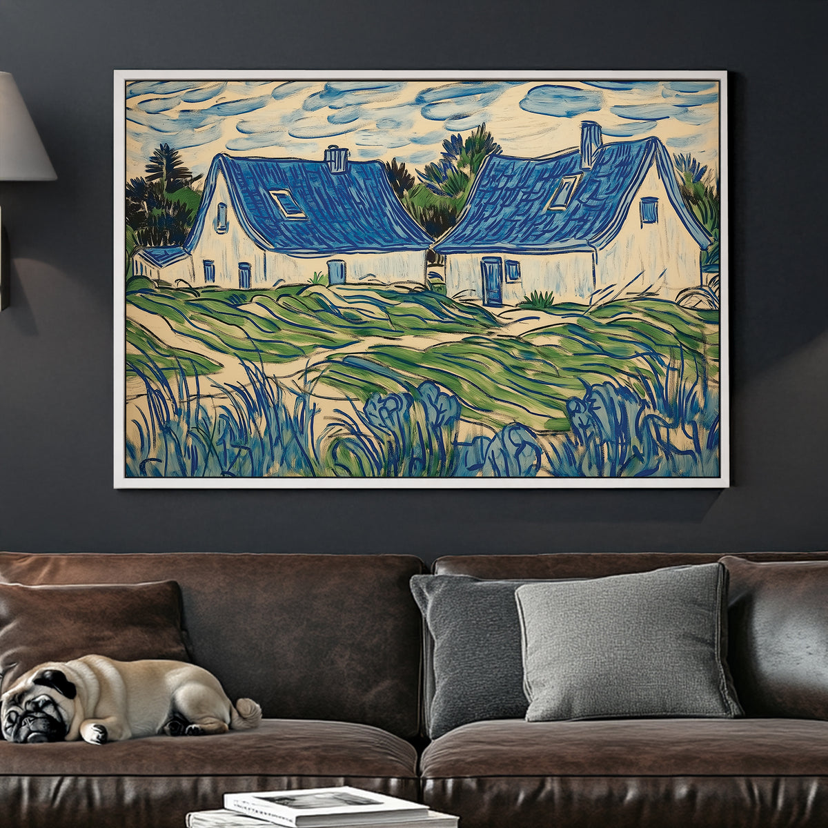 blue cottage landscape wall art with swirling brushstrokes and green fields
