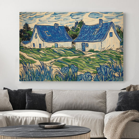 blue cottage landscape wall art with swirling brushstrokes and green fields
