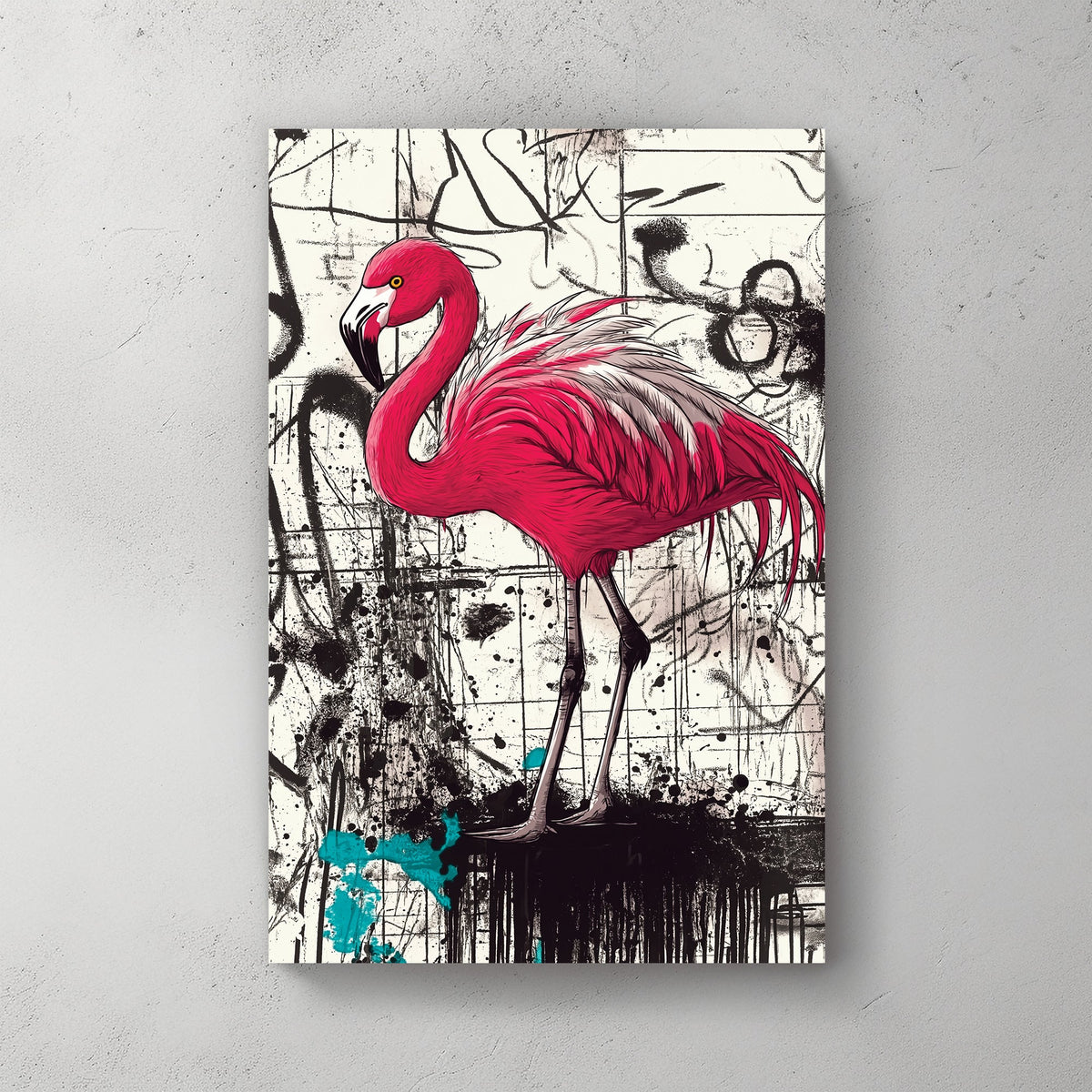 graffiti flamingo wall art with bold pink bird on abstract black and white street background