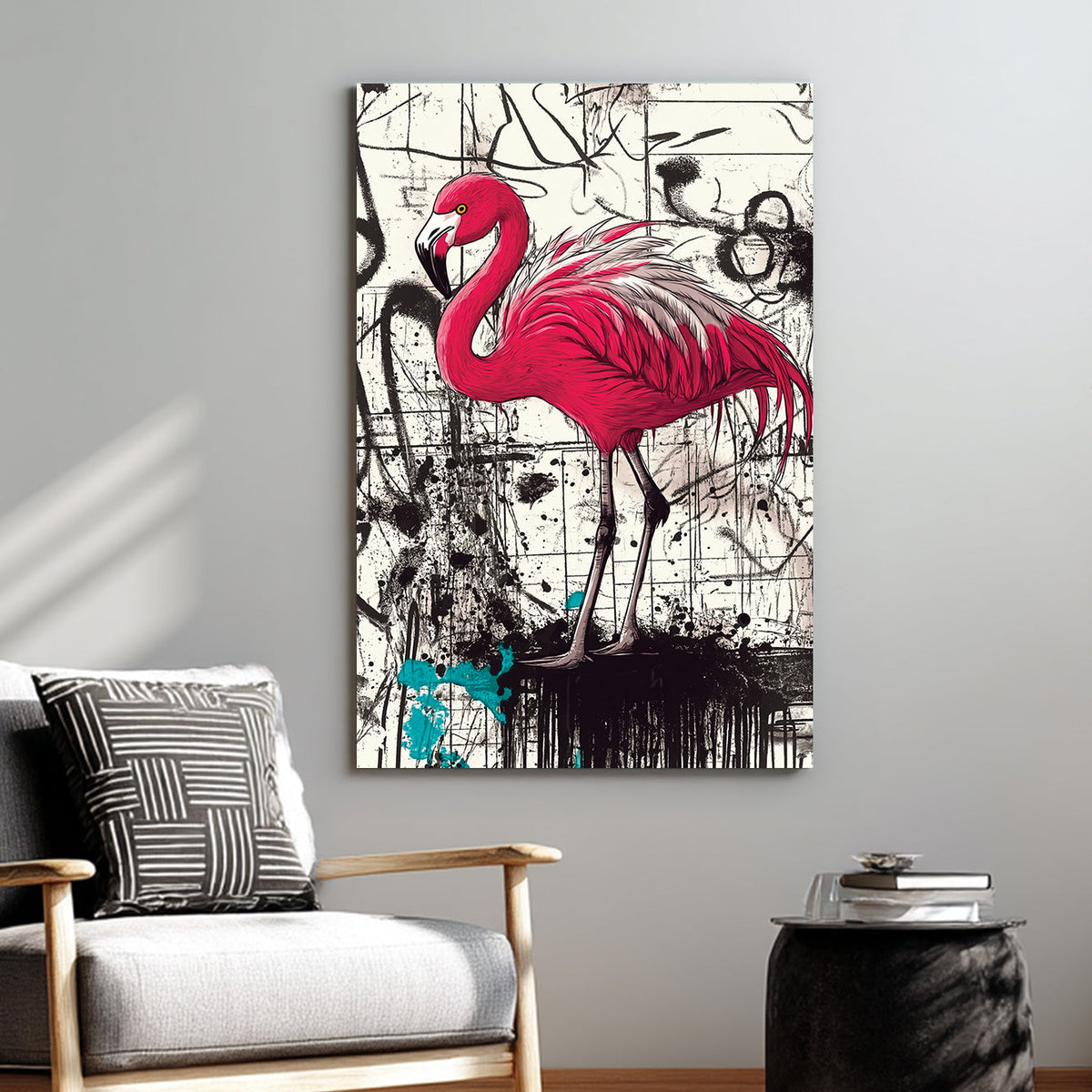 graffiti flamingo wall art with bold pink bird on abstract black and white street background