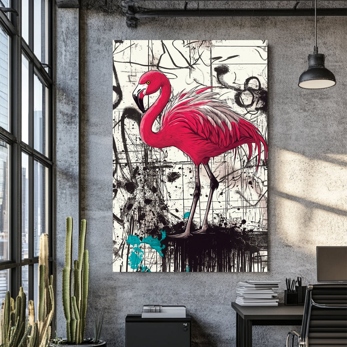 graffiti flamingo wall art with bold pink bird on abstract black and white street background