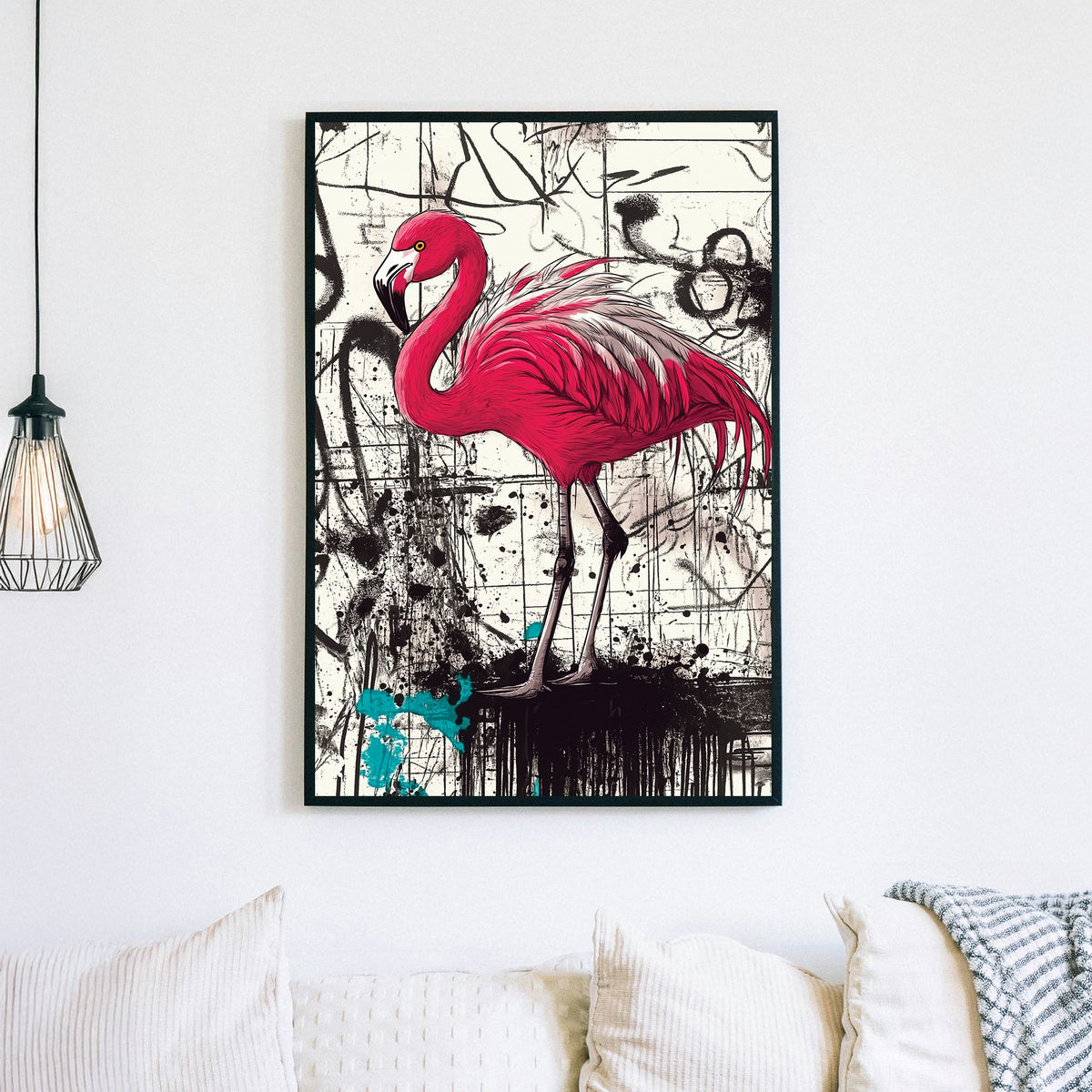 graffiti flamingo wall art with bold pink bird on abstract black and white street background