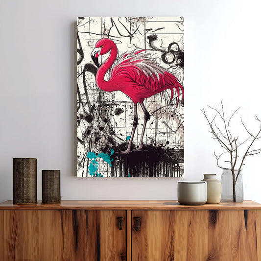 graffiti flamingo wall art with bold pink bird on abstract black and white street background