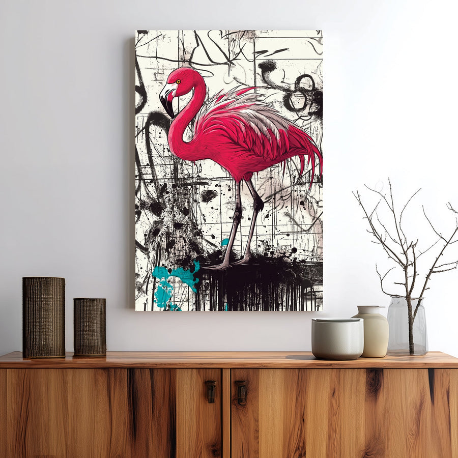 graffiti flamingo wall art with bold pink bird on abstract black and white street background