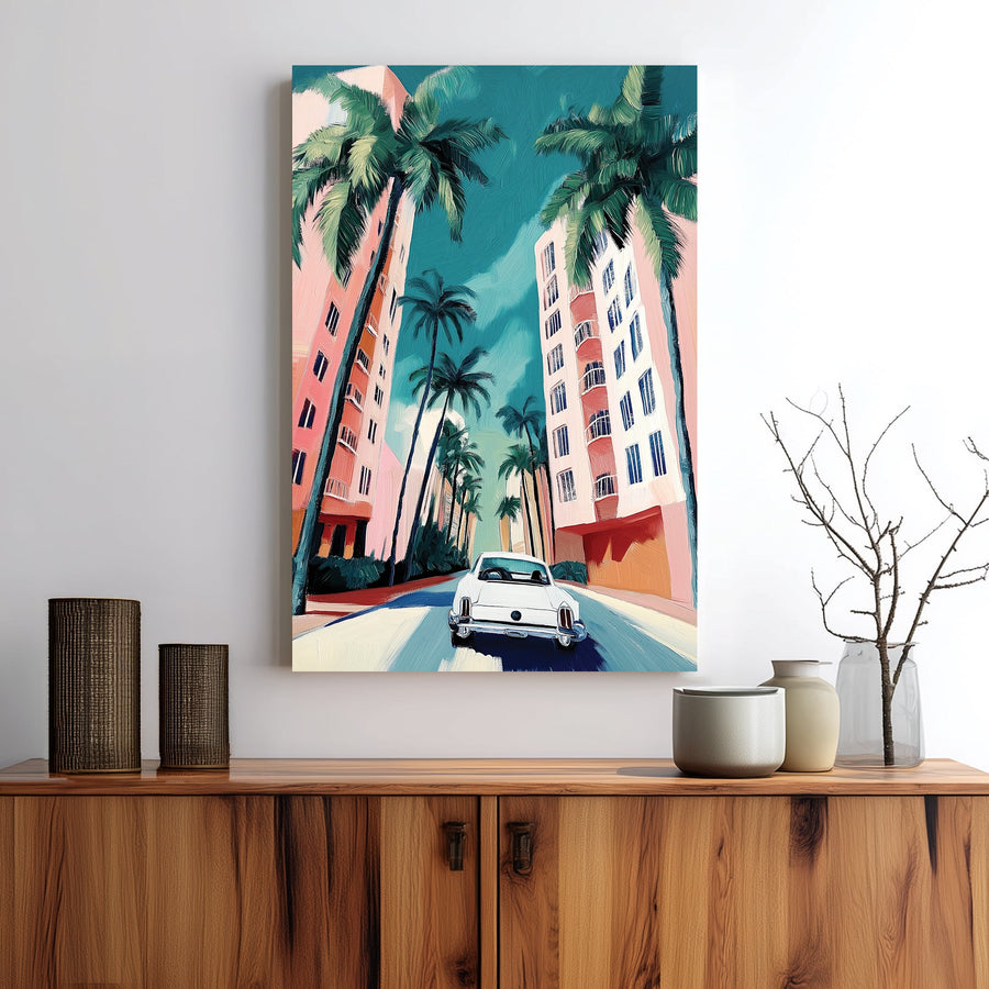 Miami palm street wall art with vintage car and pastel buildings in retro beach city style