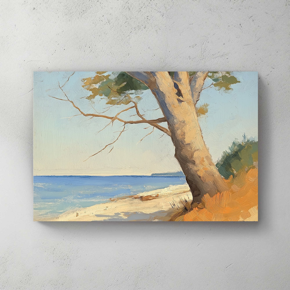 Beach wall art with leaning tree and ocean view in a textured brushstroke style
