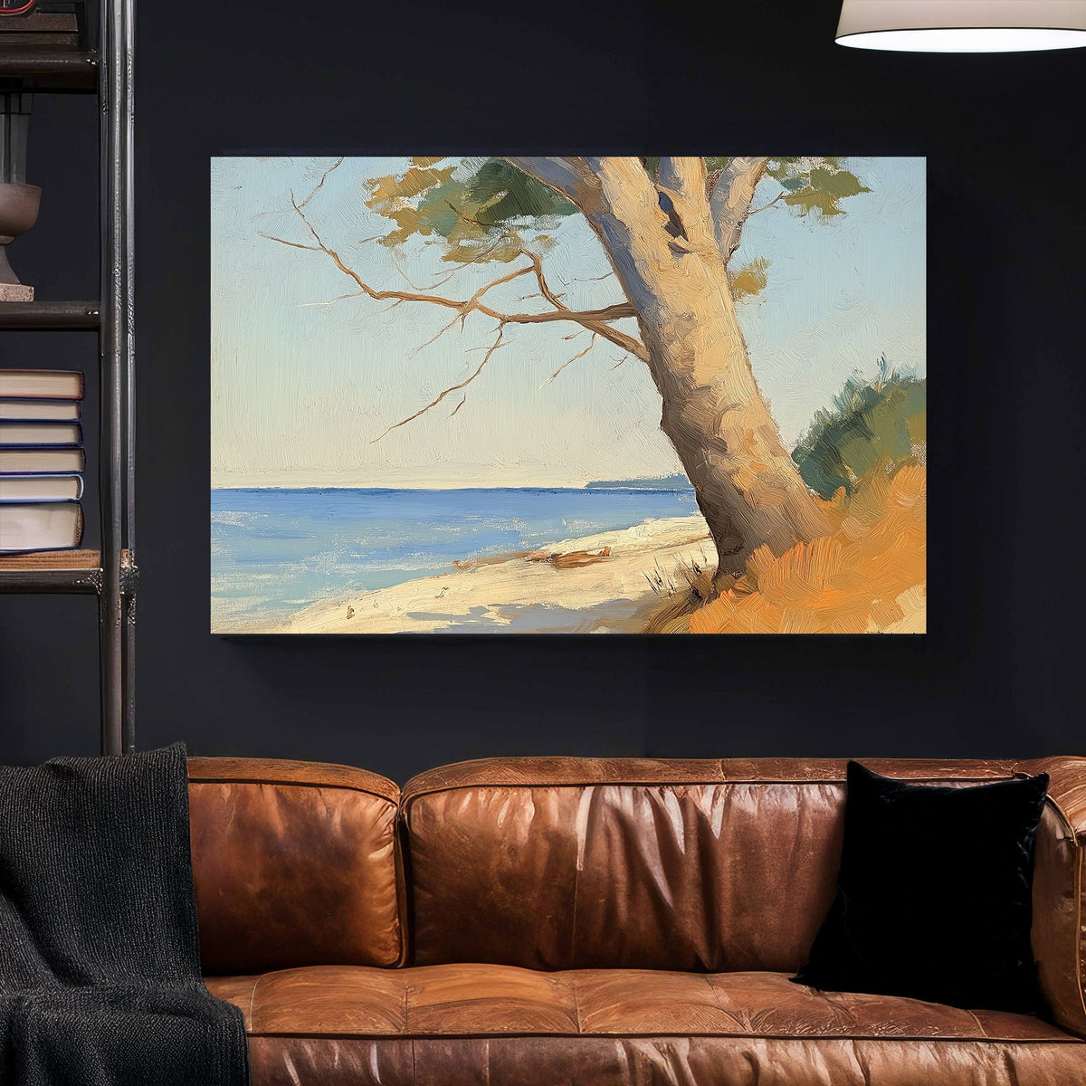 Beach wall art with leaning tree and ocean view in a textured brushstroke style