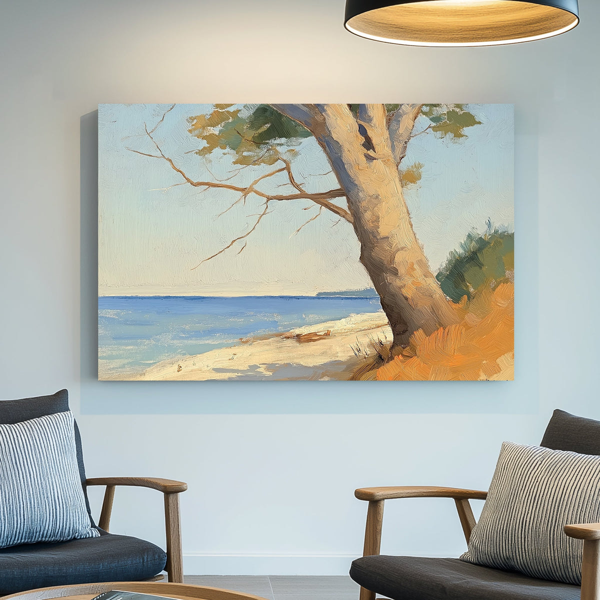 Beach wall art with leaning tree and ocean view in a textured brushstroke style