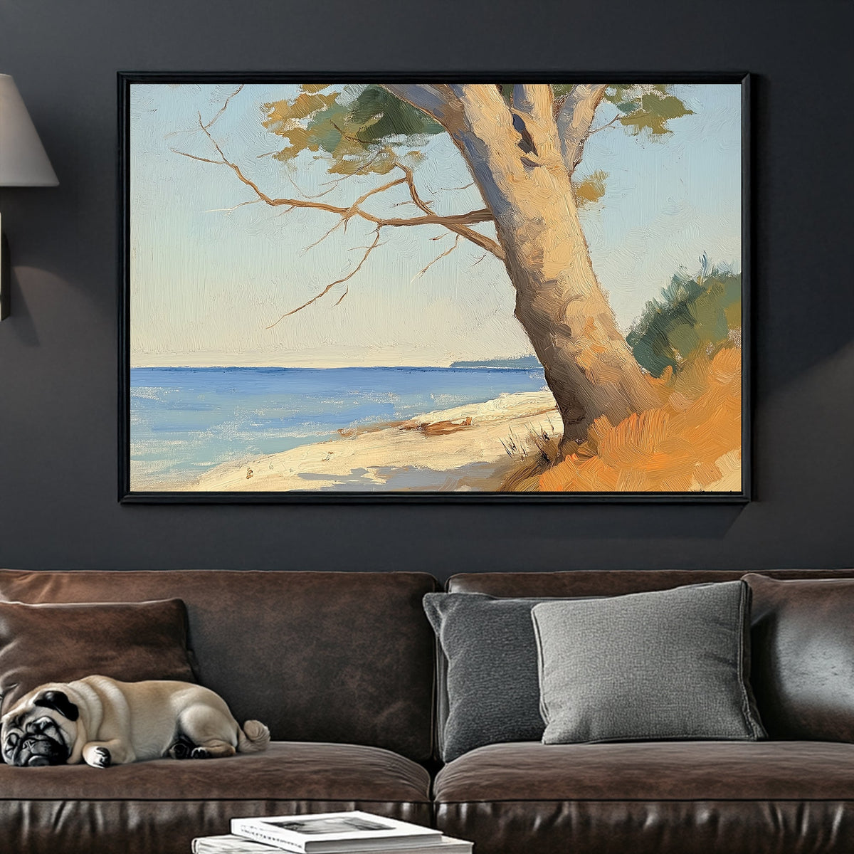Beach wall art with leaning tree and ocean view in a textured brushstroke style