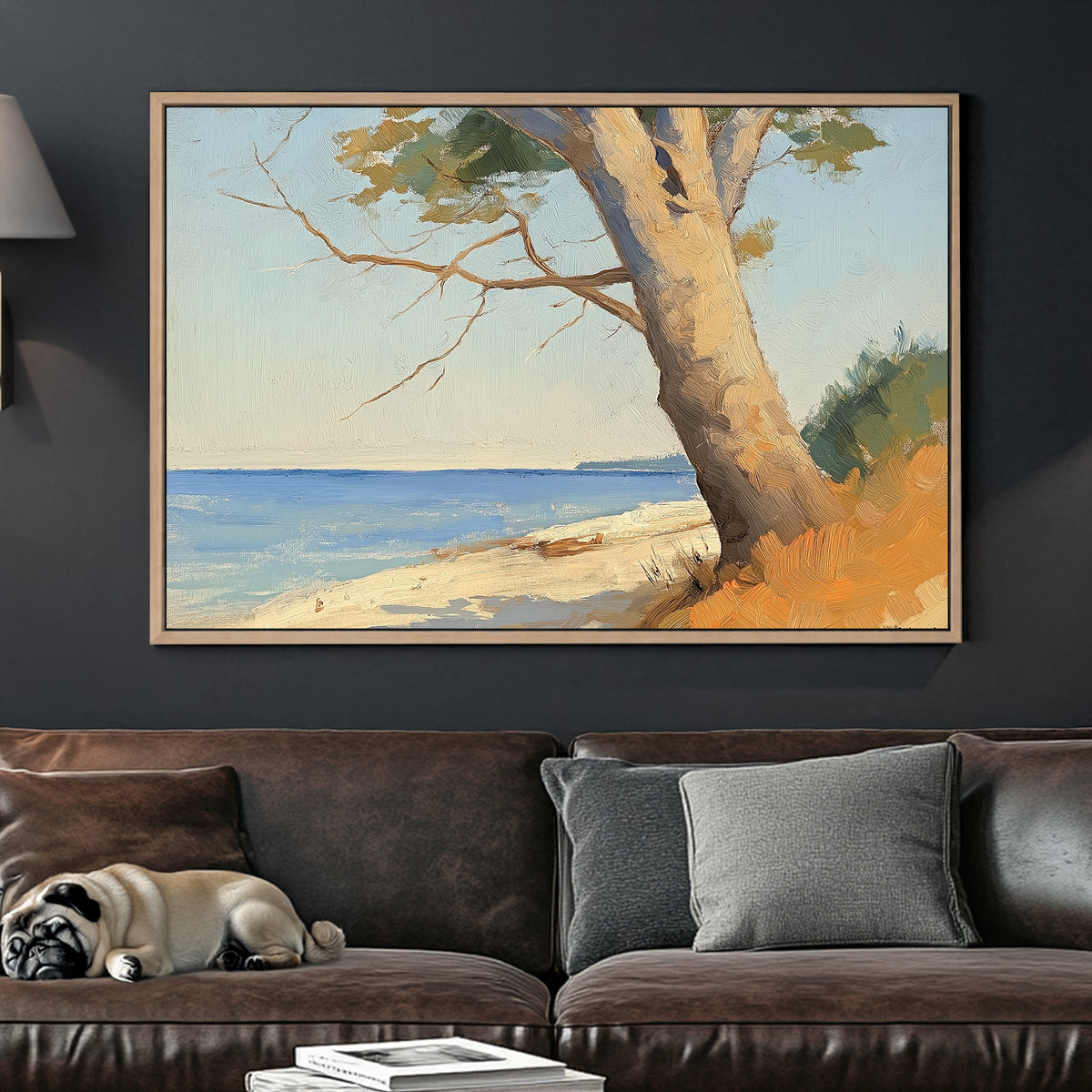 Beach wall art with leaning tree and ocean view in a textured brushstroke style
