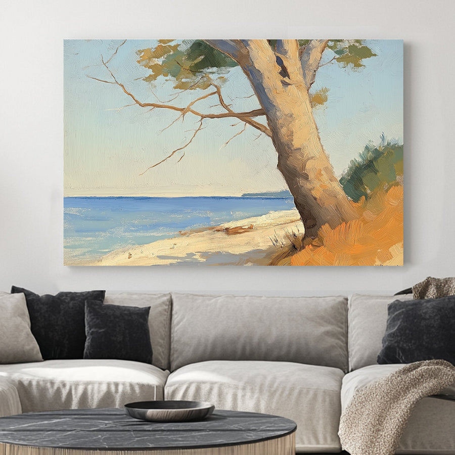Beach wall art with leaning tree and ocean view in a textured brushstroke style